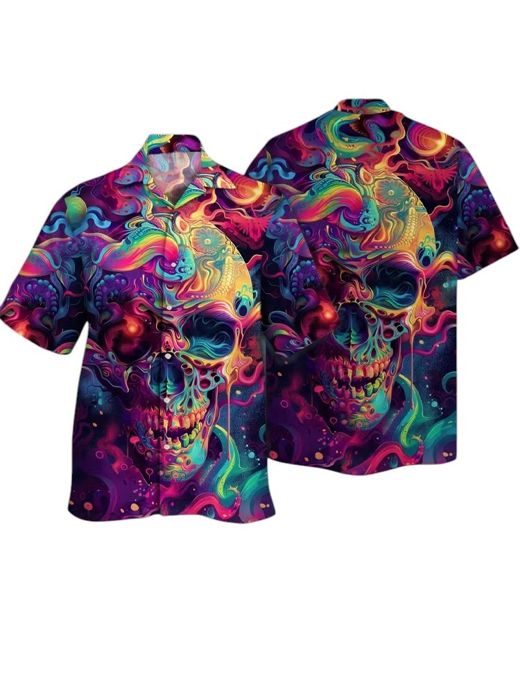 Eye-Catching Hippie Colorful Psychedelic Skull Printing Cuban Collar Hawaiian Sh