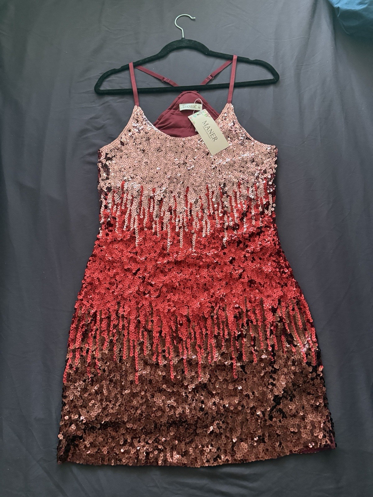 Maner Woman’s Sequin Dress Adjustable Straps Racer Back Red Pink Size Medium 