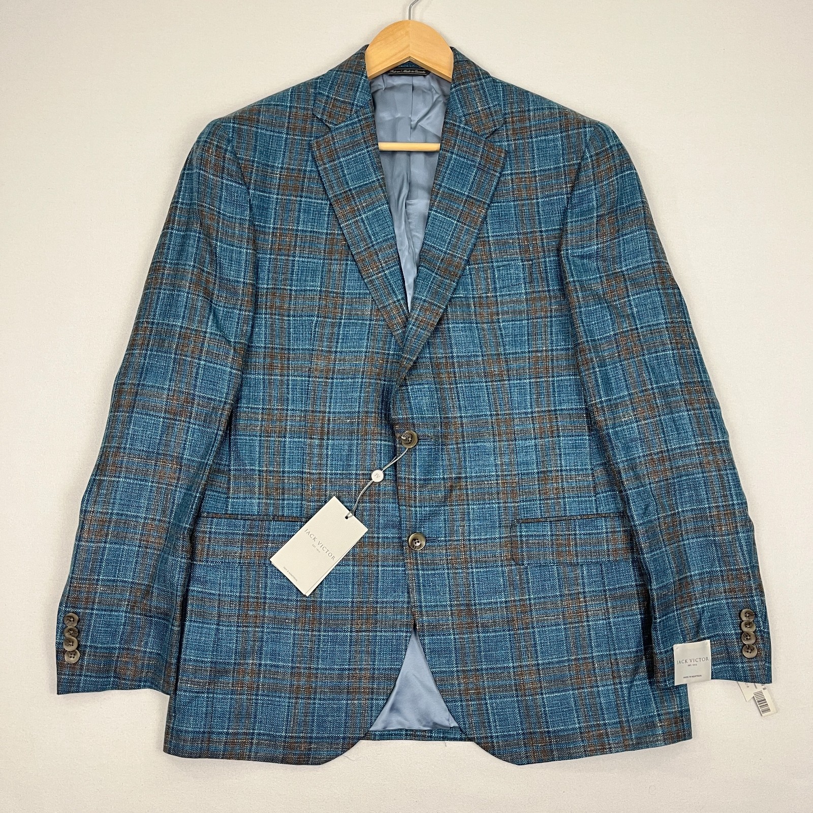 Jack Victor Loro Piana Blazer 42R Blue Brown Plaid Wool Silk Linen 2-Button NEW