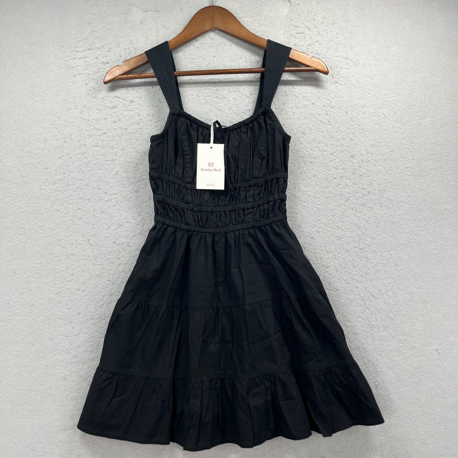 Sunday Best Aritzia Mini Dress Womens XS Black Martine Smocked Tiered Cotton NEW