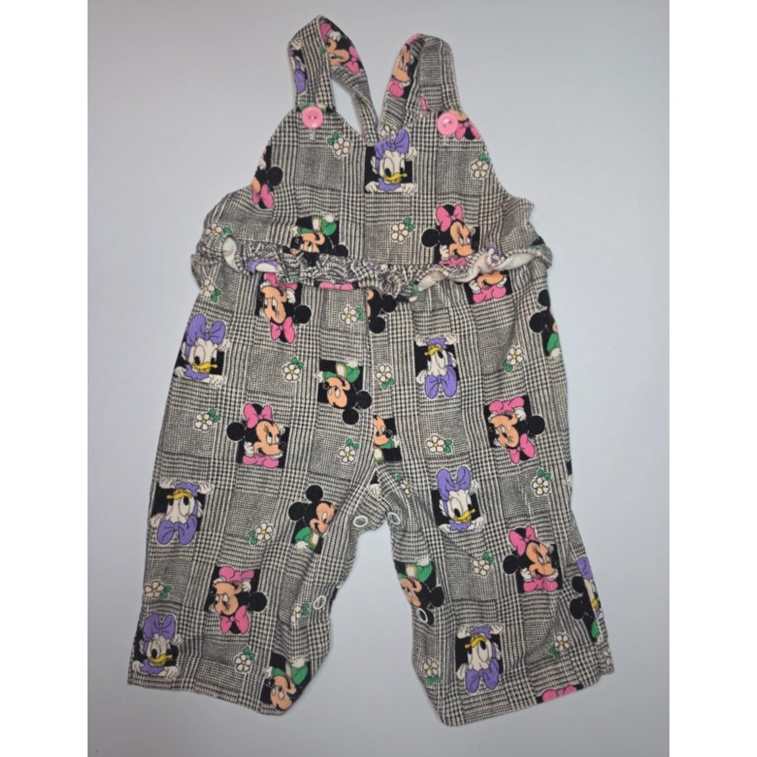 Vintage Disney Mickey Minnie Daisy Duck Plaid Overalls Baby Toddler Pink Button