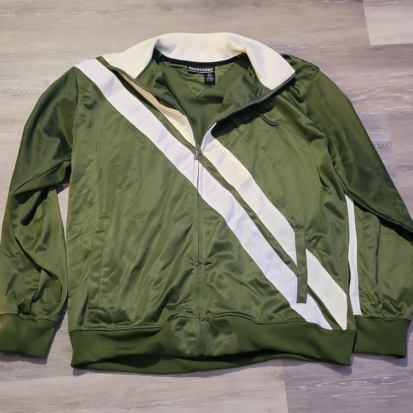 Rocawear Olive Green White Diagonal Stripe Zip Track Jacket Y2K