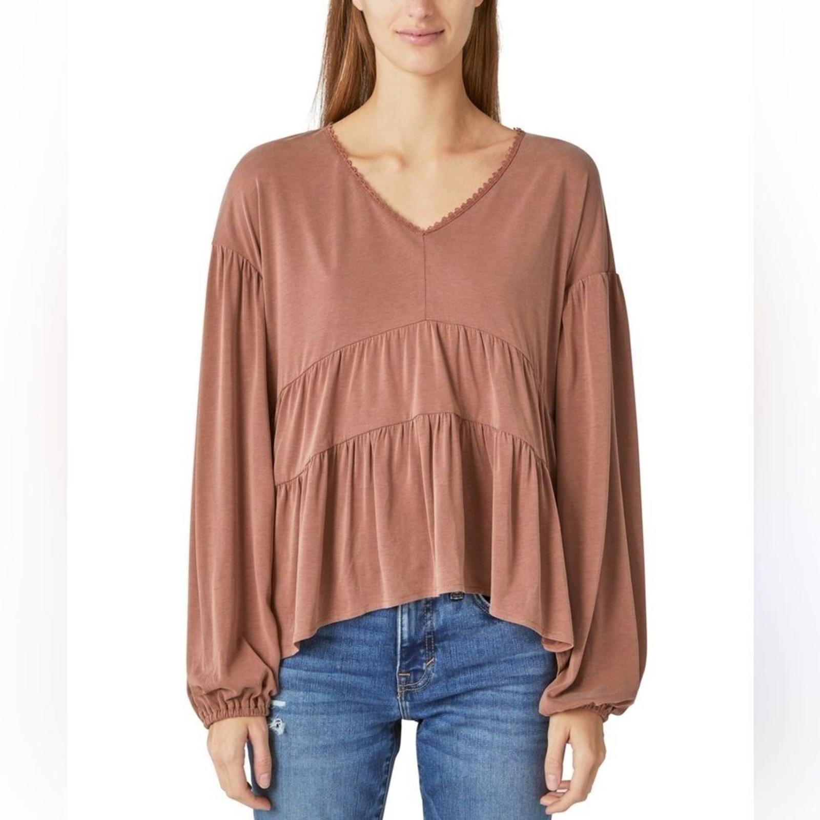 Lucky Brand Sandwash Tiered Tunic Top in cinnamon NWT Size L