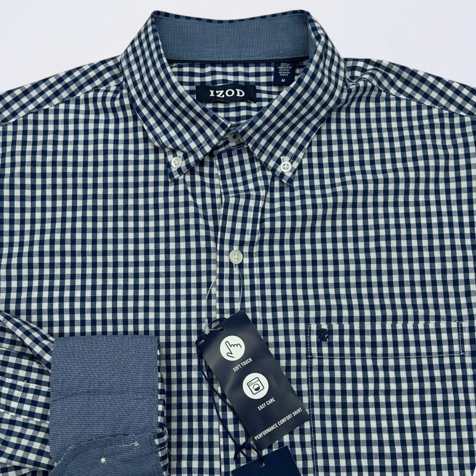 IZOD Button Down Shirt Mens Medium Estate Blue Gingham Check Long Sleeve NWT