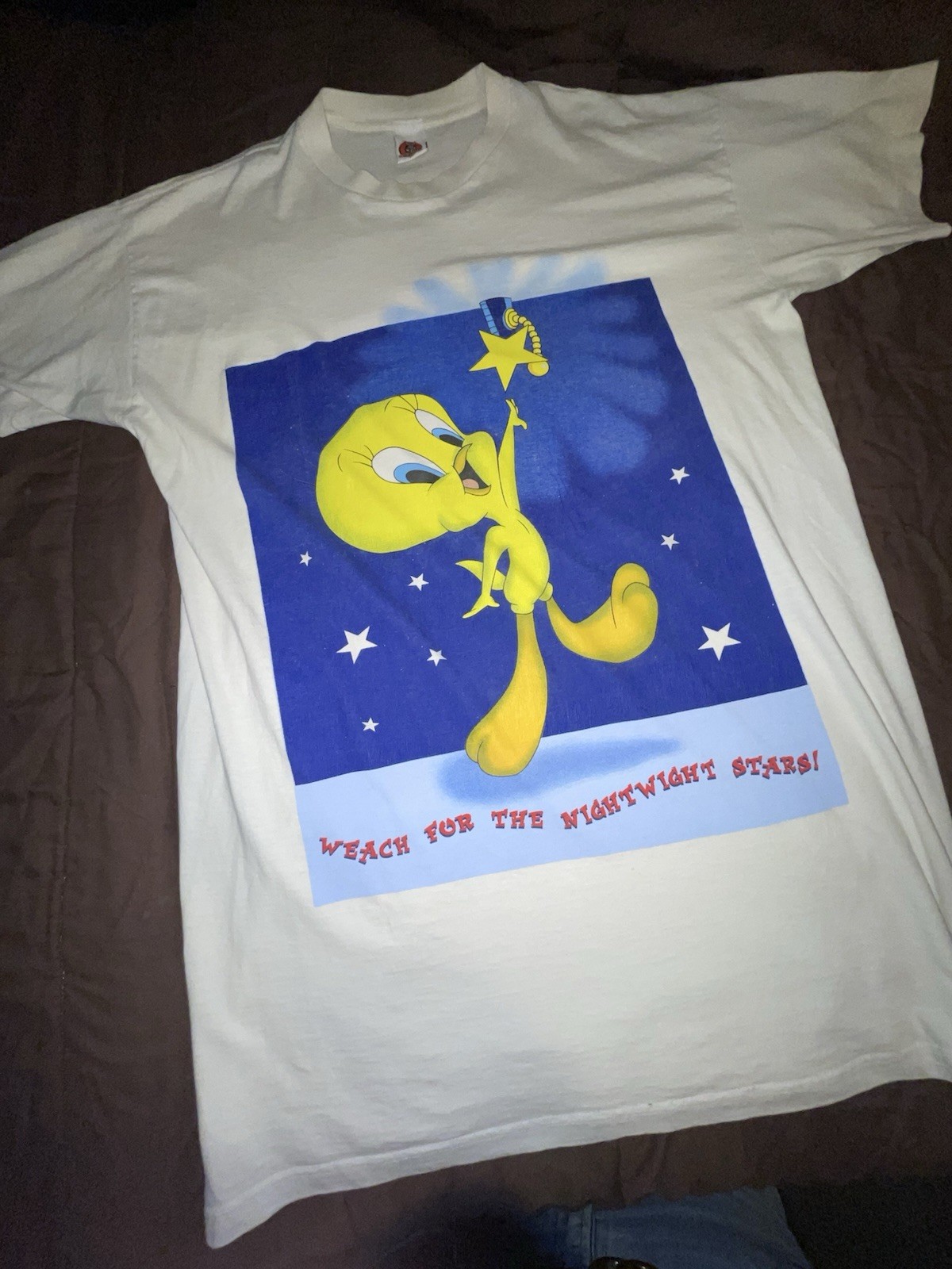 Vintage 1998 Looney Tunes Tweety Bird At Night Men’s Sz XL White/Blue T-Shirt