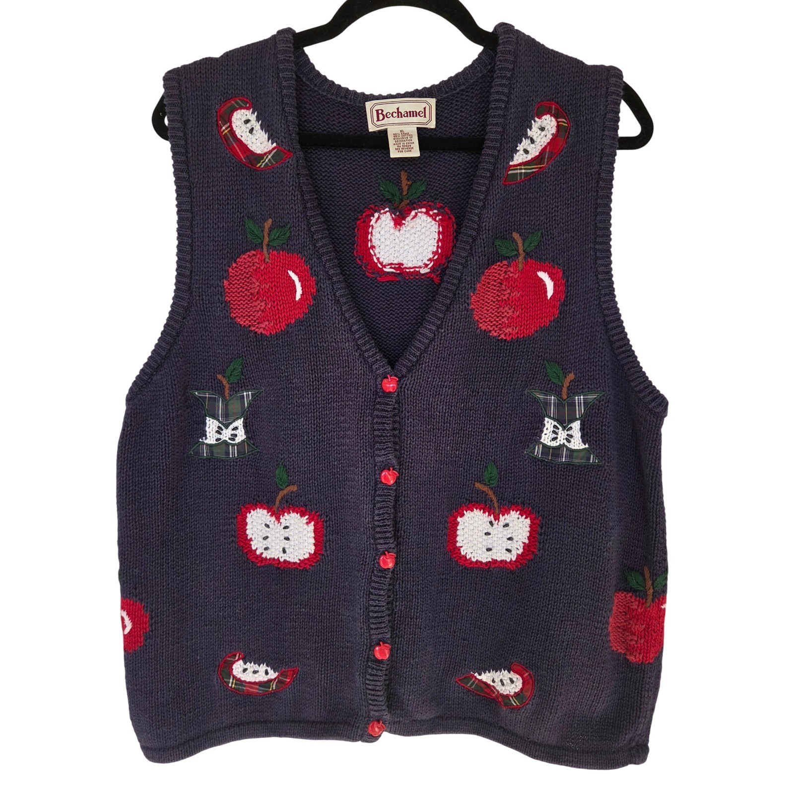 Vintage 90s Apple Knit Cardigan Vest XL Teacher Cottage Fall Fruit Artsy Twee