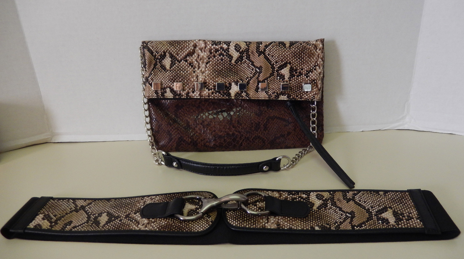 Gorgeous Python Snake Fold Over Purse Handbag Shoulder Bag Clutch & Belt 