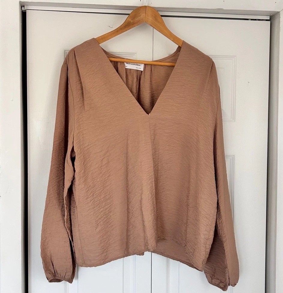 Self Contrast Anthropologie Crinkle Blouse XL Tan V Neck Relaxed Boho Made USA