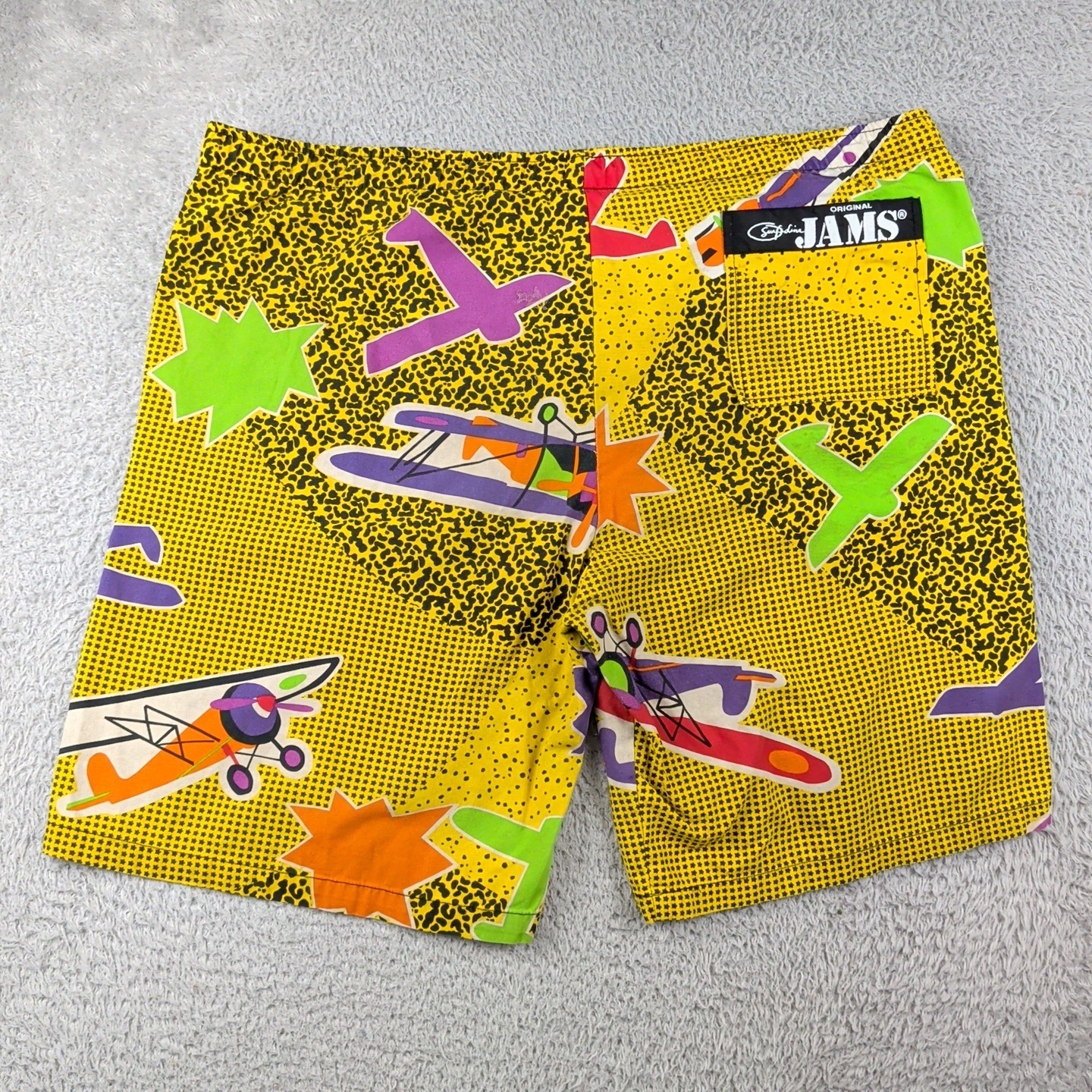 Vintage Jams World Shorts Mens L Yellow Airplanes Surf Line Pull On Swim Beach