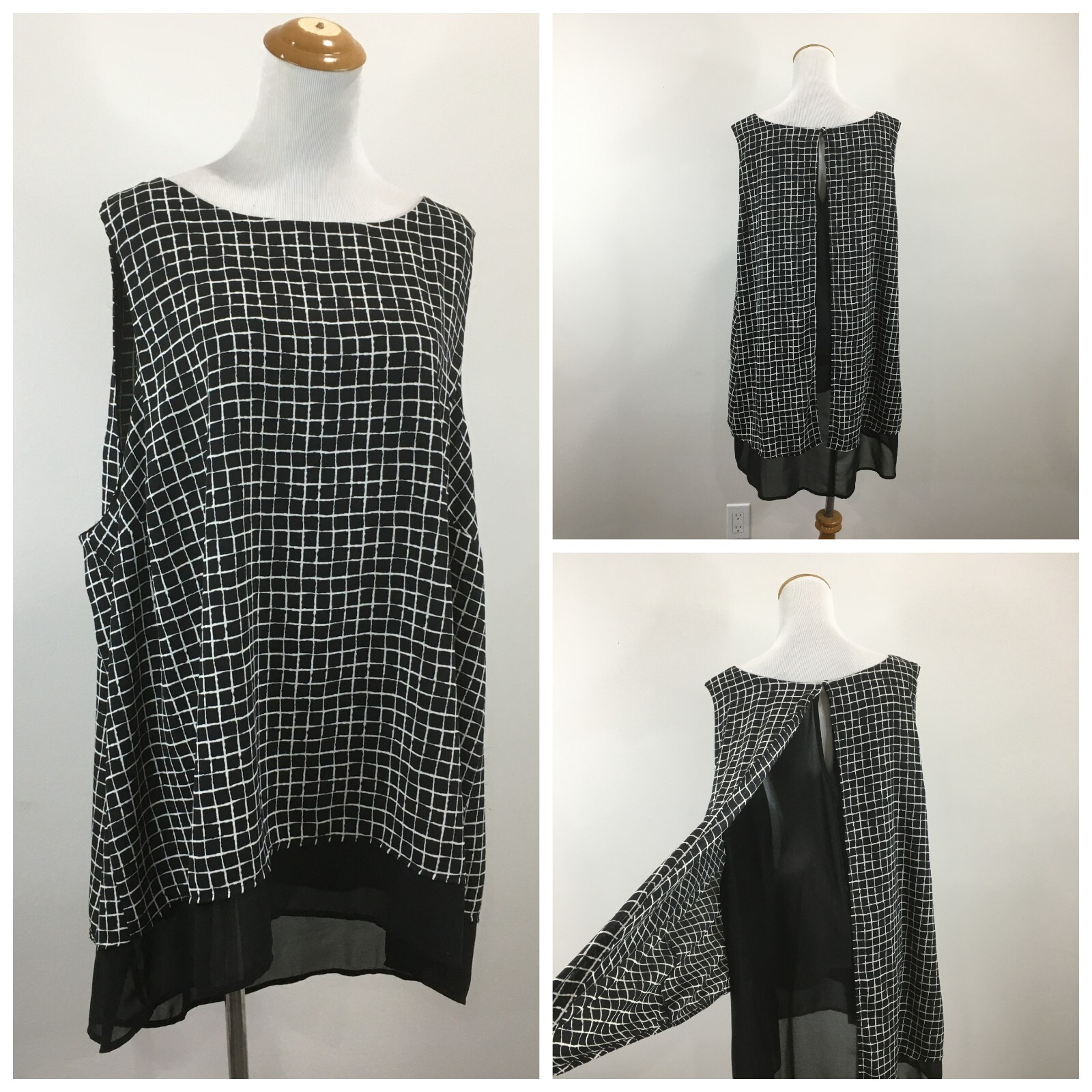 NWT TORRID Black White Grid Print 2 Ply High Low Hem Layer Tank Top Womens sz 3