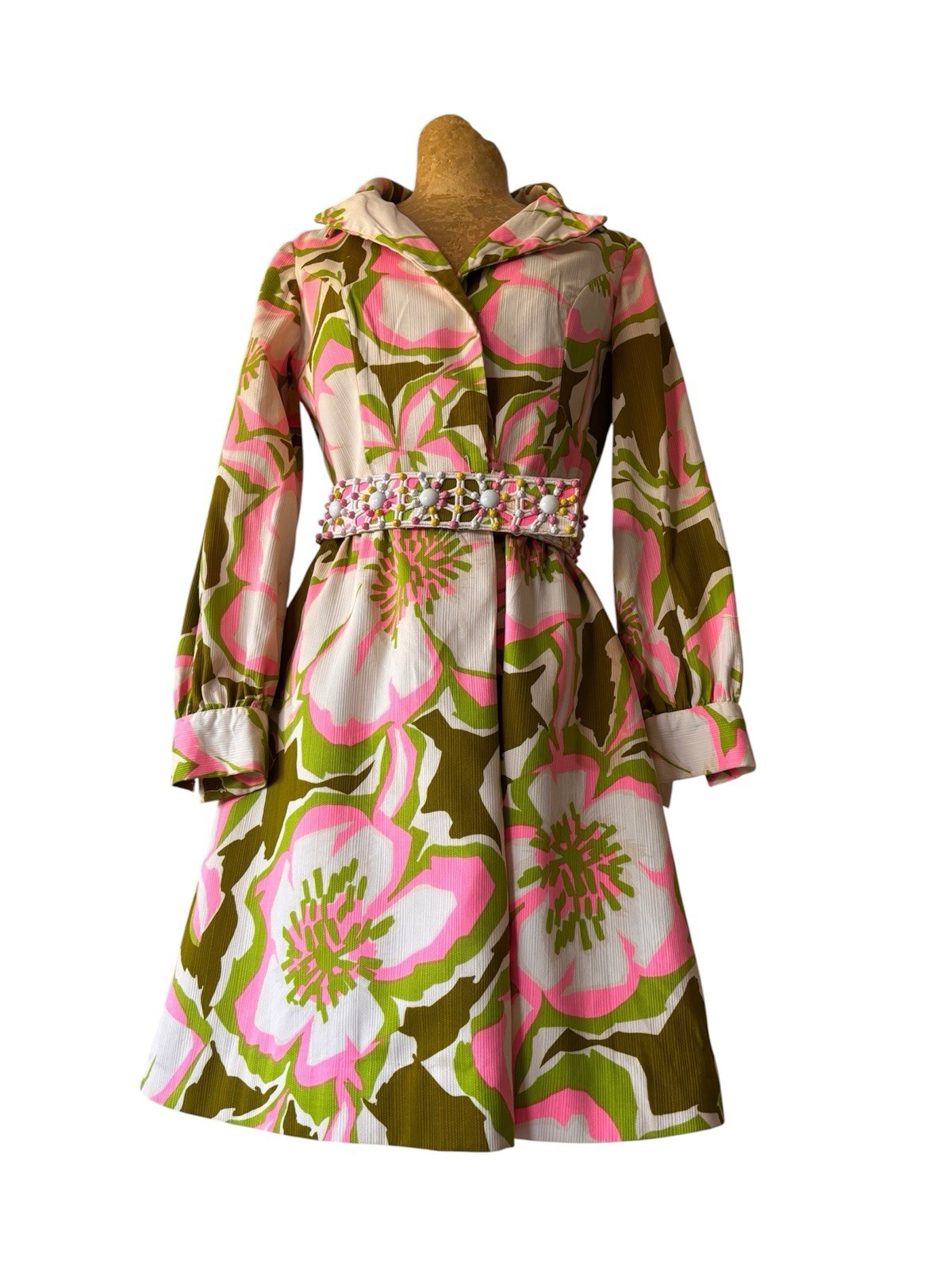 VTG 1960s Jeremy by Alan Phillips Floral Jeweled Belt Mod Coat Dress