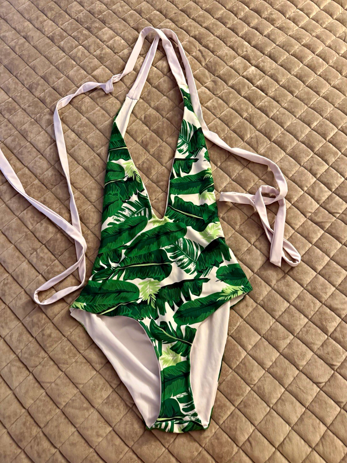 Womens Tropical Palm Leaf Print One Piece Swimsuit Green White Halter Size L