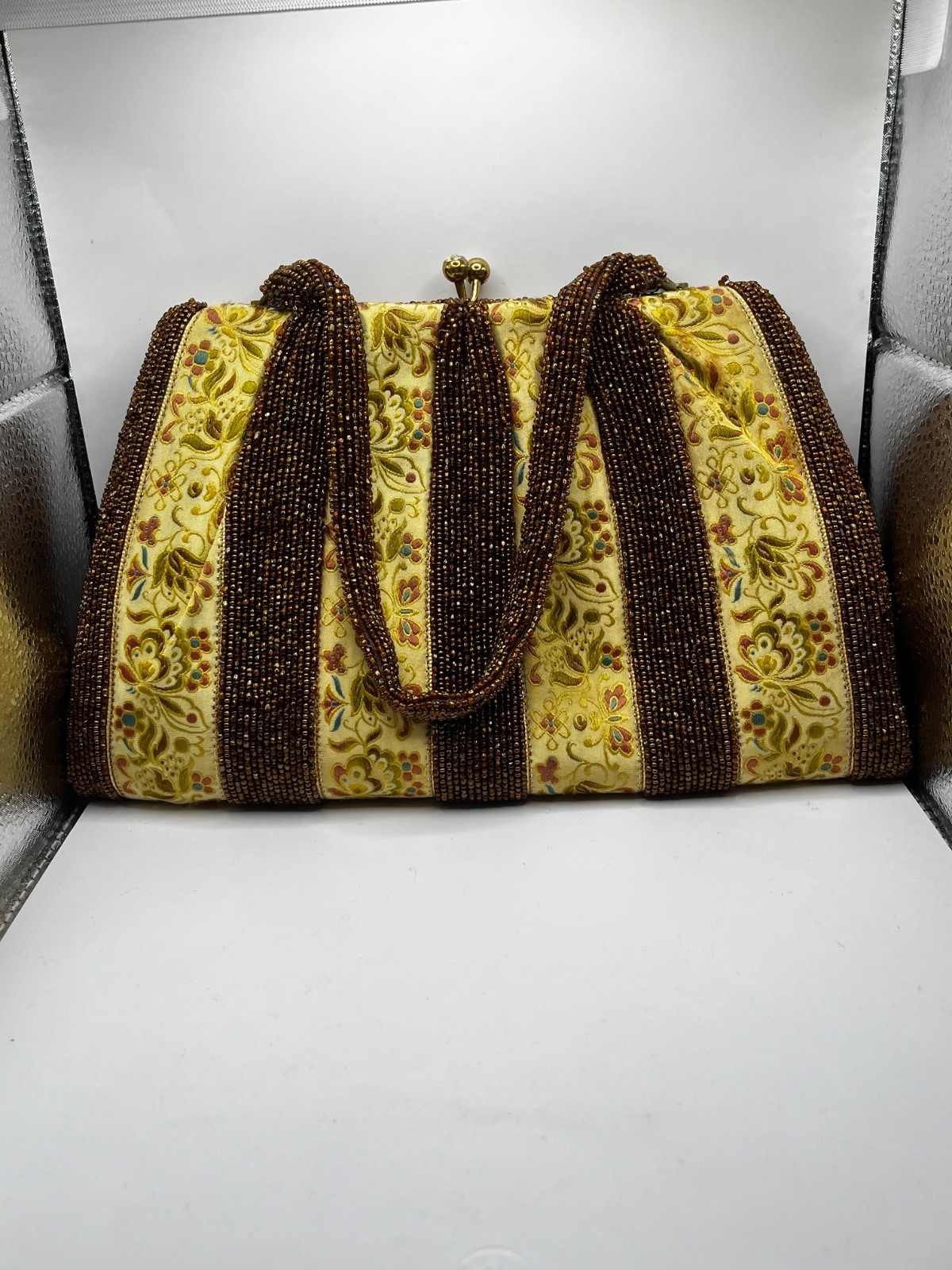 Vintage Mid Century Belgian Beaded Tapestry Handbag Made in Belgium Brocade Purs