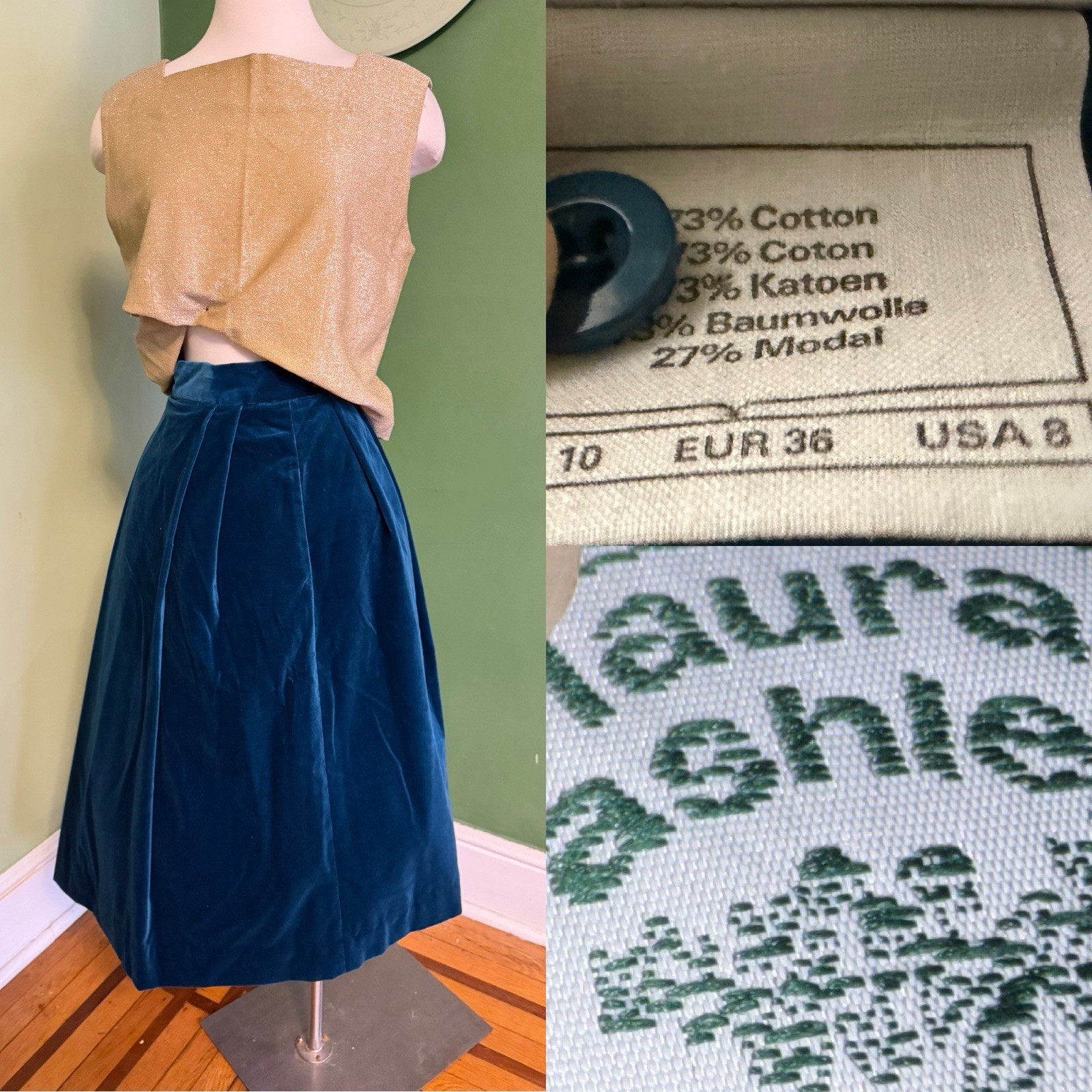 VTG 90sLaura Ashley UK Cotton Velvet Midi Party Skirt S 26 Blue Green / Pockets