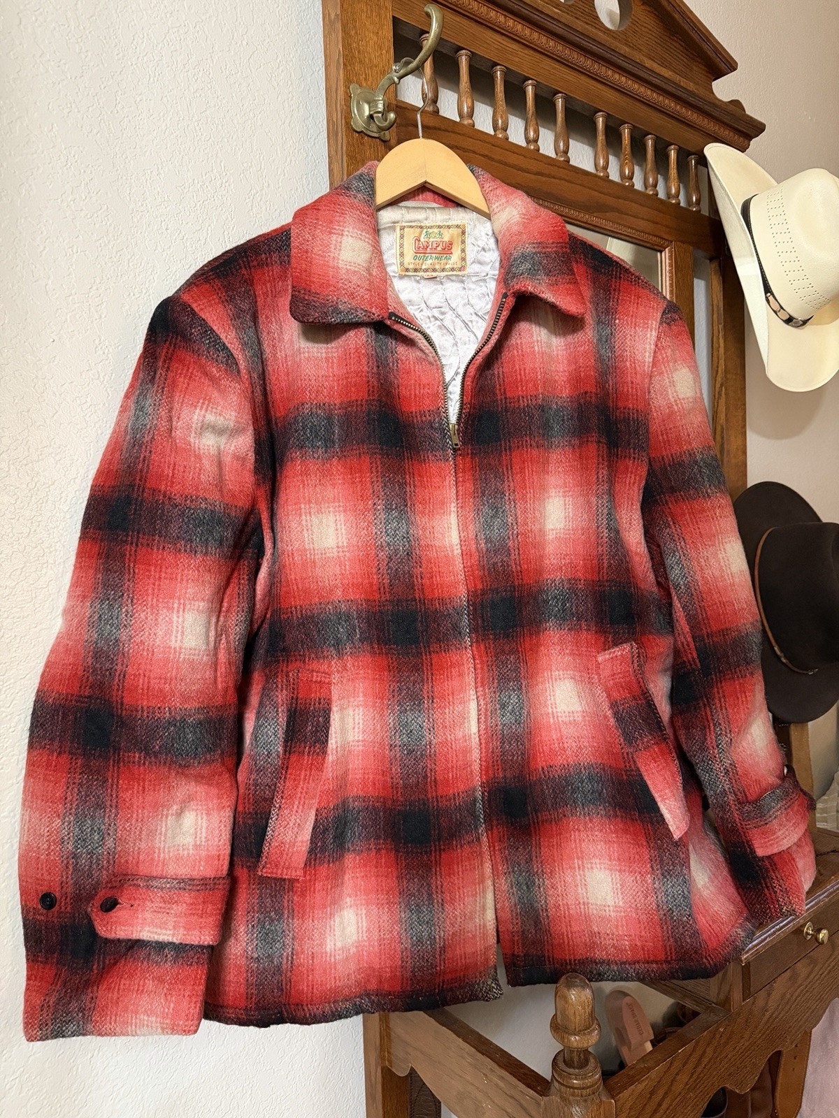 1950s 1960s Vintage Campus Insulated Red Plaid Coat Size 46 XL