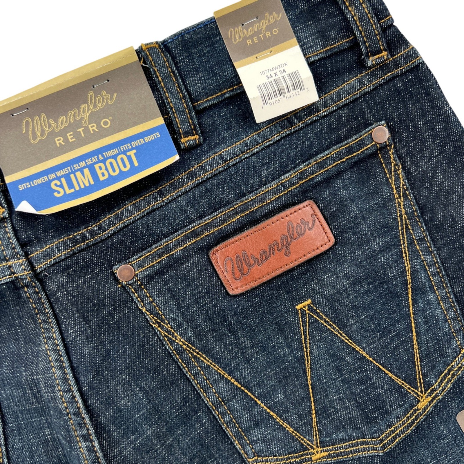 NEW Wrangler Retro Slim Boot Jeans Mens 34x34 Dark Wash Stretch Denim 1077MWZDX
