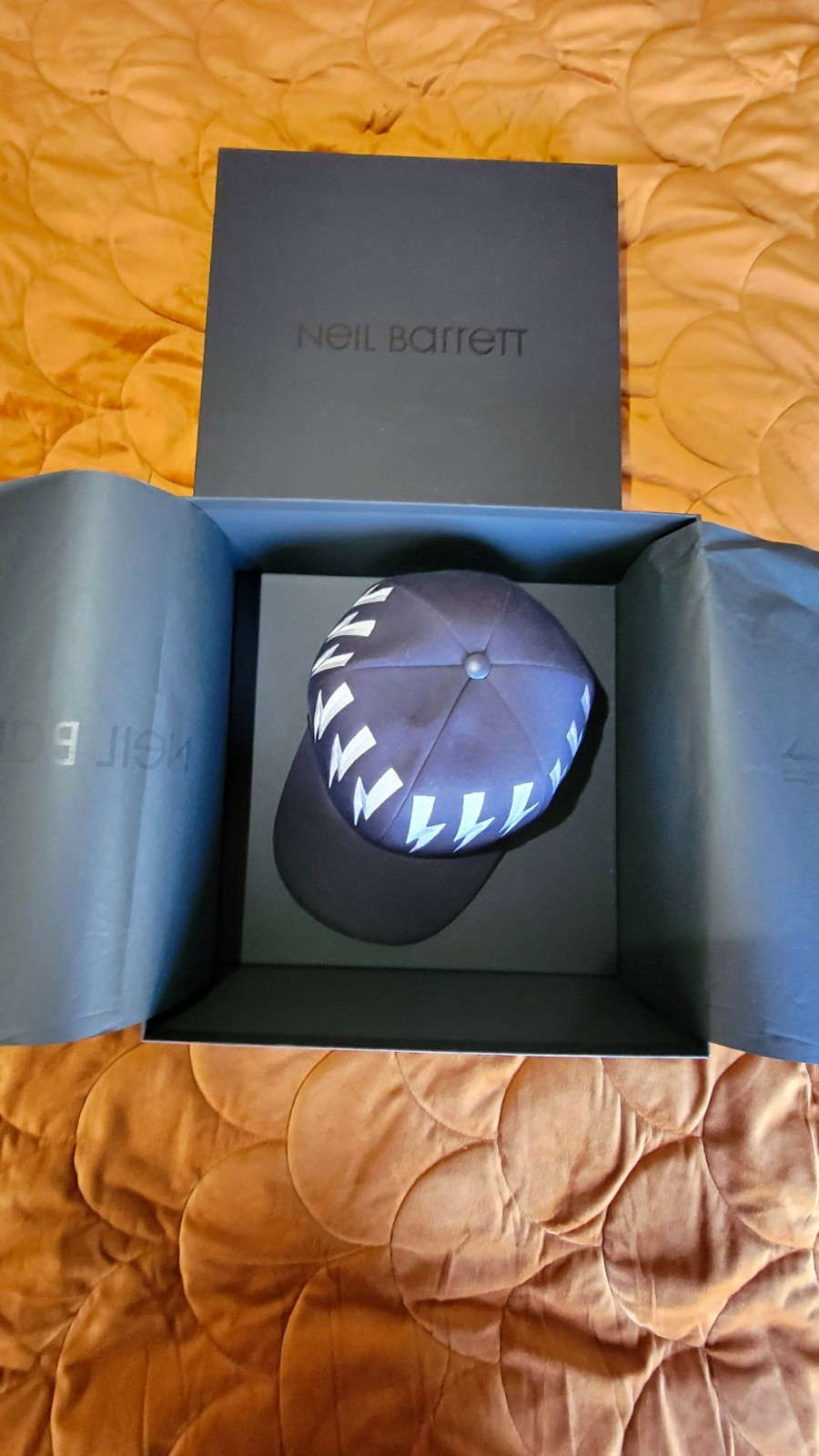Neil Barrett Designer Navy/White Lightning Leather Cotton Baseball Cap One Size