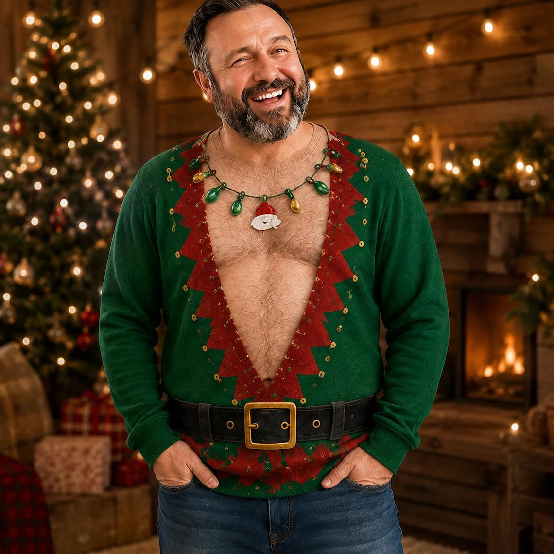 Custom 3D Fake Abs Hairy Santa Sweatshirt,Personalized Ugly Christmas Sweater
