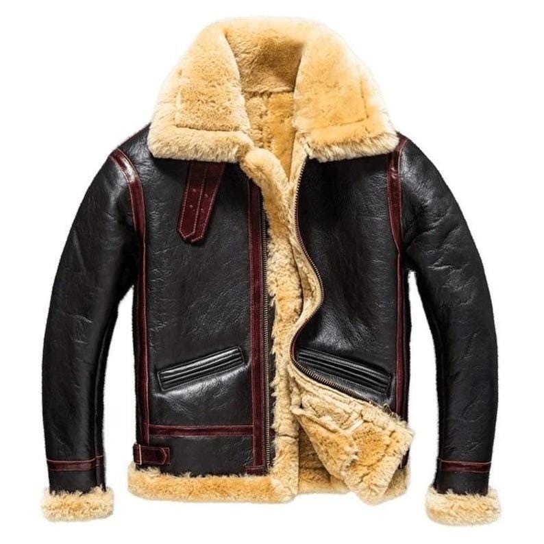 Men\'s Real Sheepskin Leather Jacket Dark Brown Shearling Fur Aviator Bomber Coat