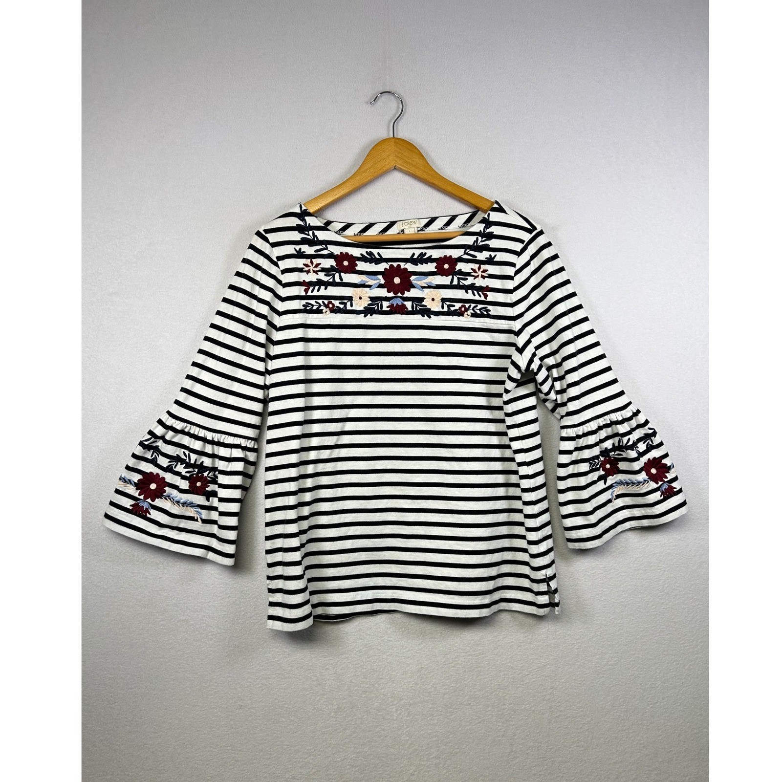 J. Crew Striped Bell Sleeve Embroidered Top Size L Black White Floral Boat Neck