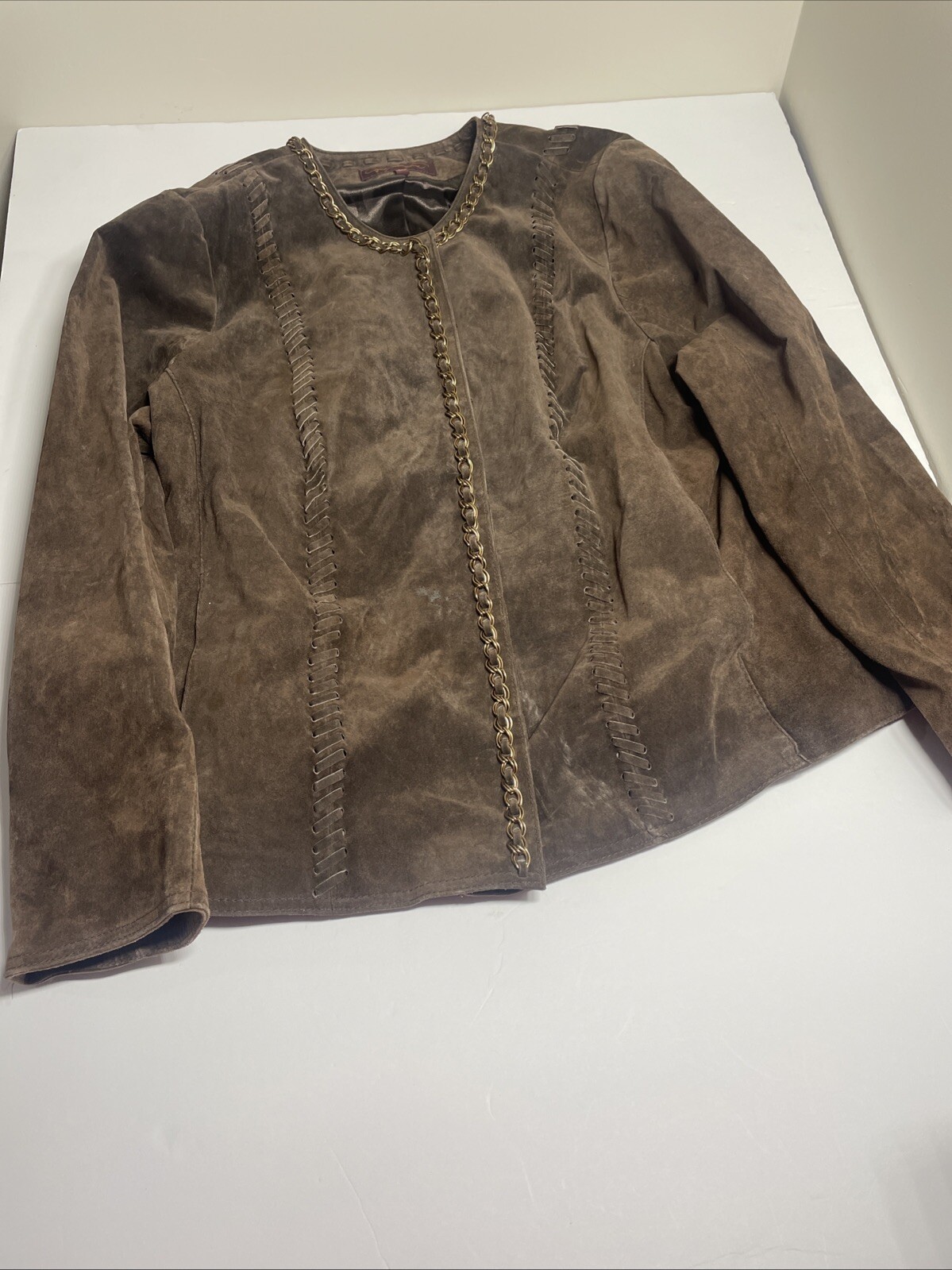NWT HAL RUBENSTEIN Brown Suede Leather Jacket Gold Chain Accents 3X