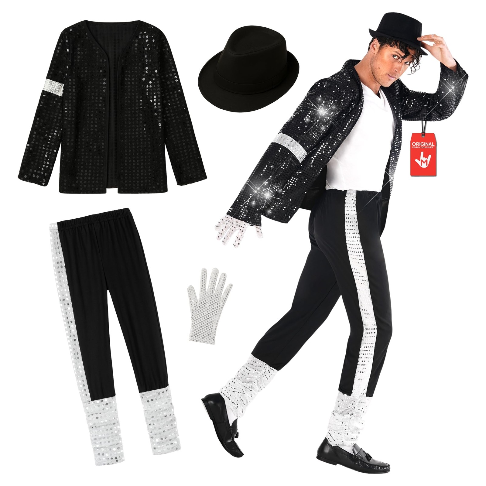 Men`s King of Pop Costume Adult 80s MJ Moonwalking Popstar Black Outfit S - 3XL