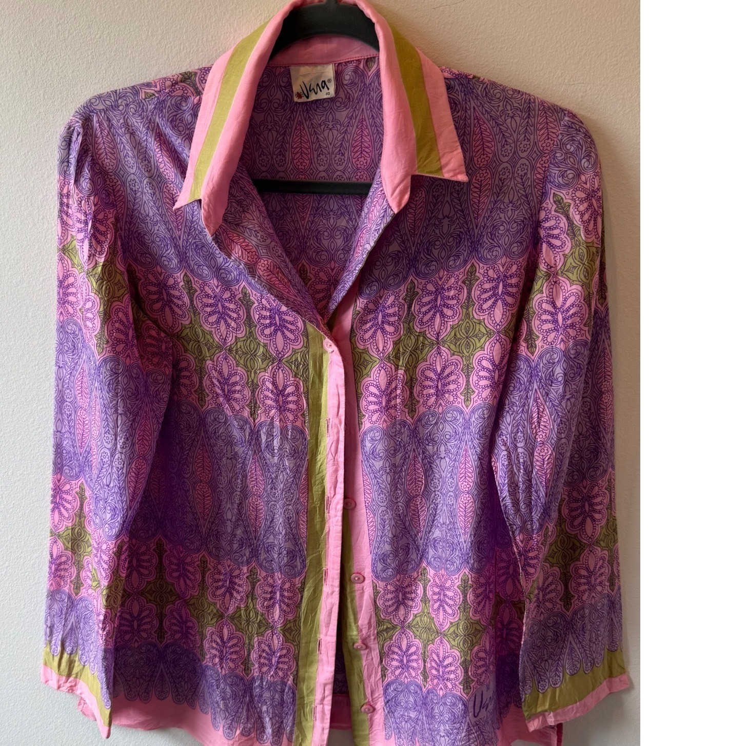 Vintage Vera Neumann Silk Shirt Pink Purple Paisley Print ILGWU Ladybug Tag 10