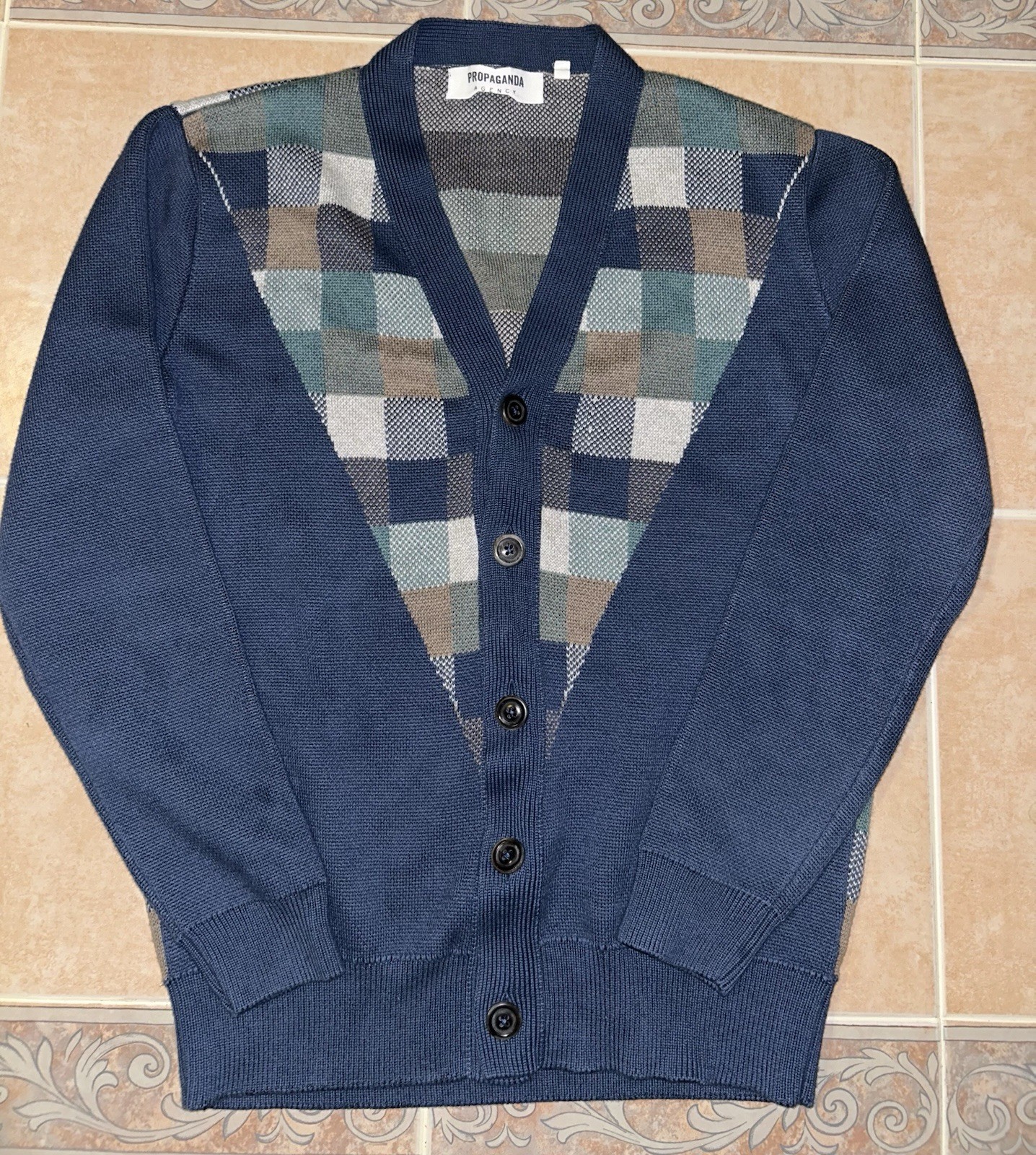 Propaganda Agency Cardigan Sweater Mens M Blue Check Button Up Pima Cotton  
