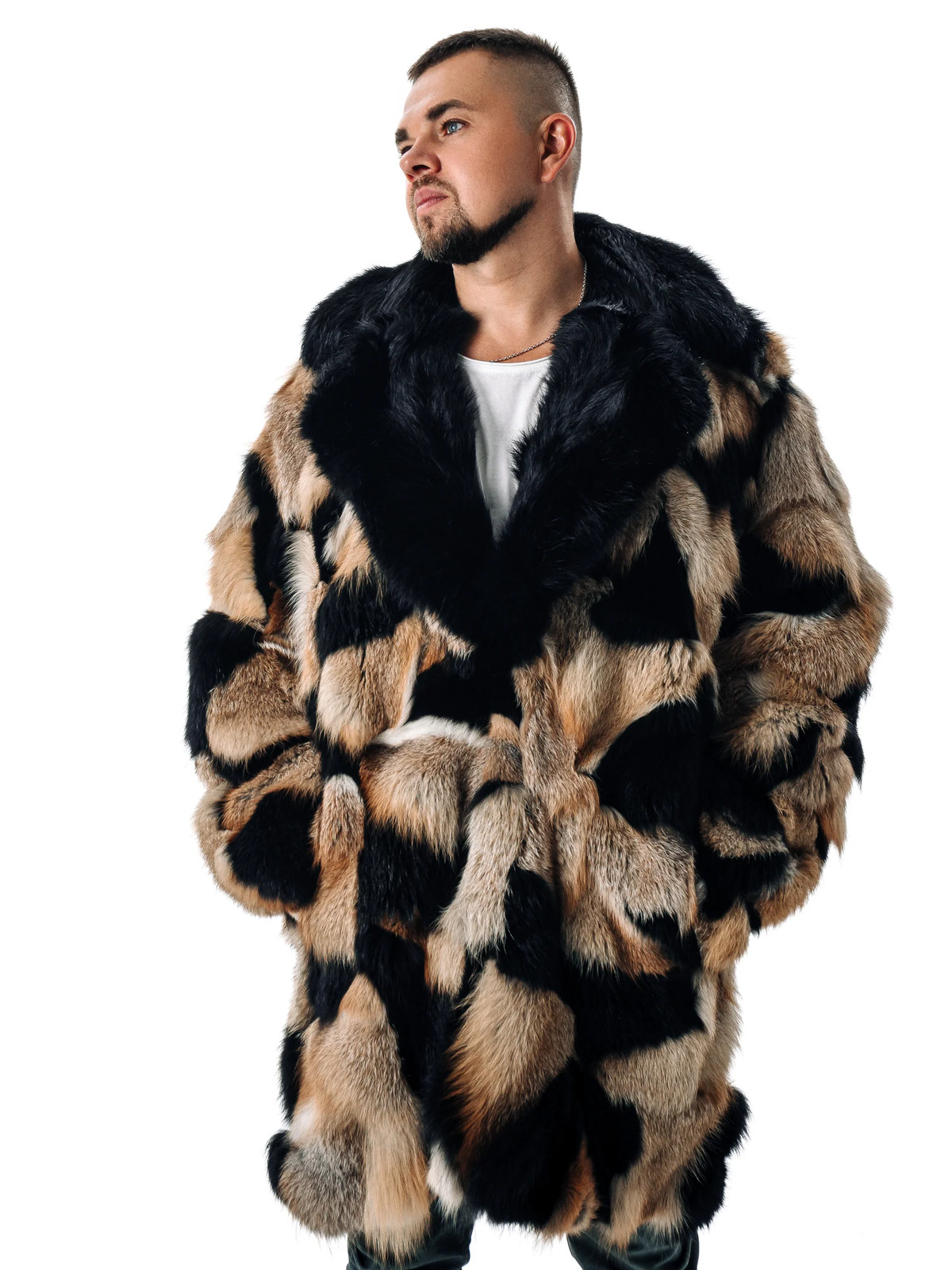 Men’s Real Fox Fur Coat Black Collar Genuine Fur Trench 35 in