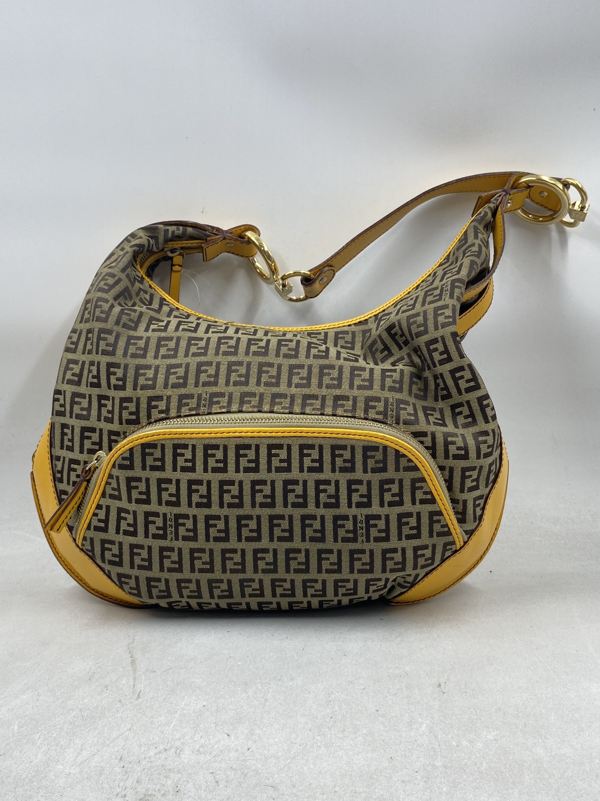 Vintage 2000s Fendi Brown Zucca Canvas Yellow Leather Hobo Bag FF Logo