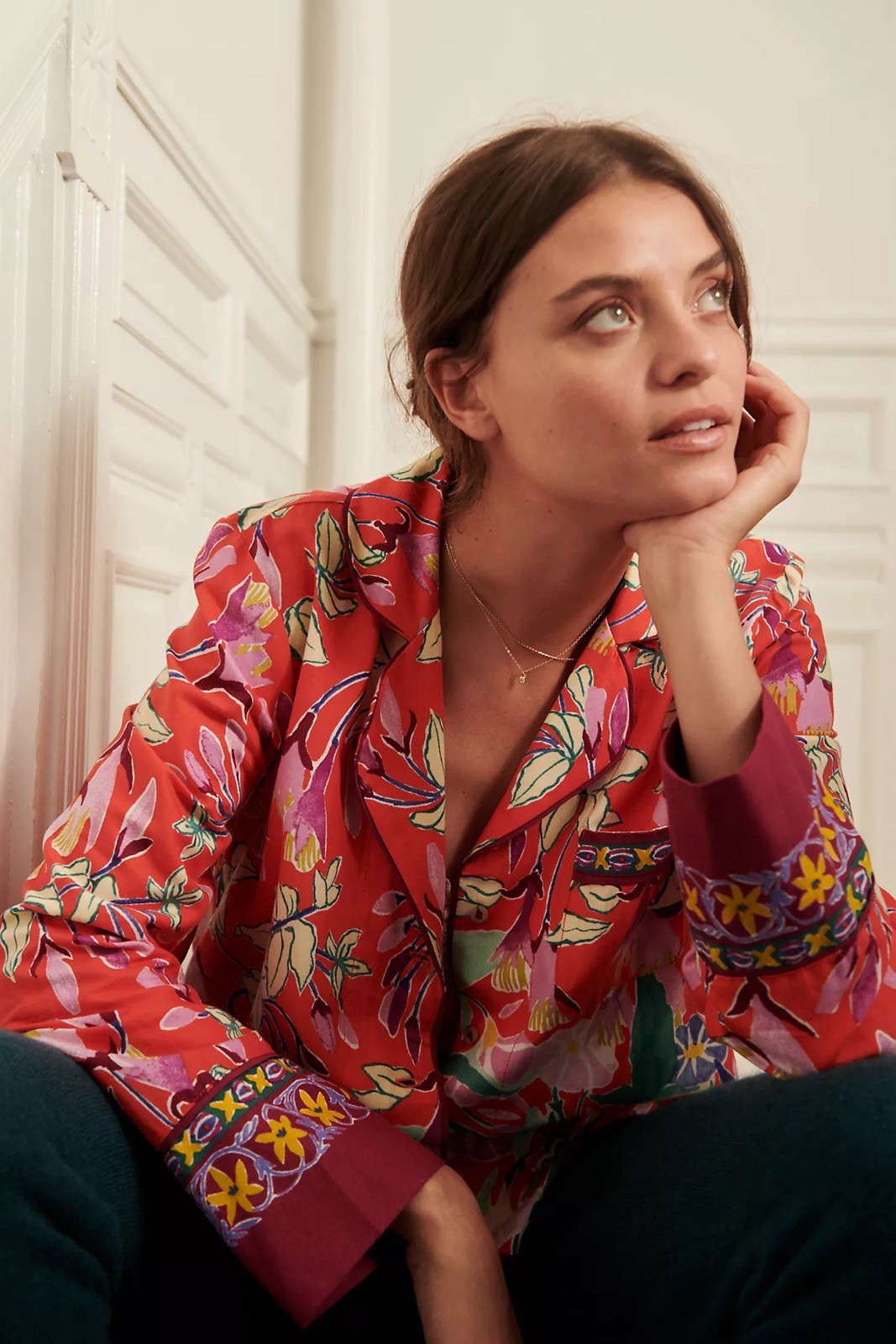 Anthropologie Lil Sire Floral Sleep Top Pajama Shirt Red Button Front M