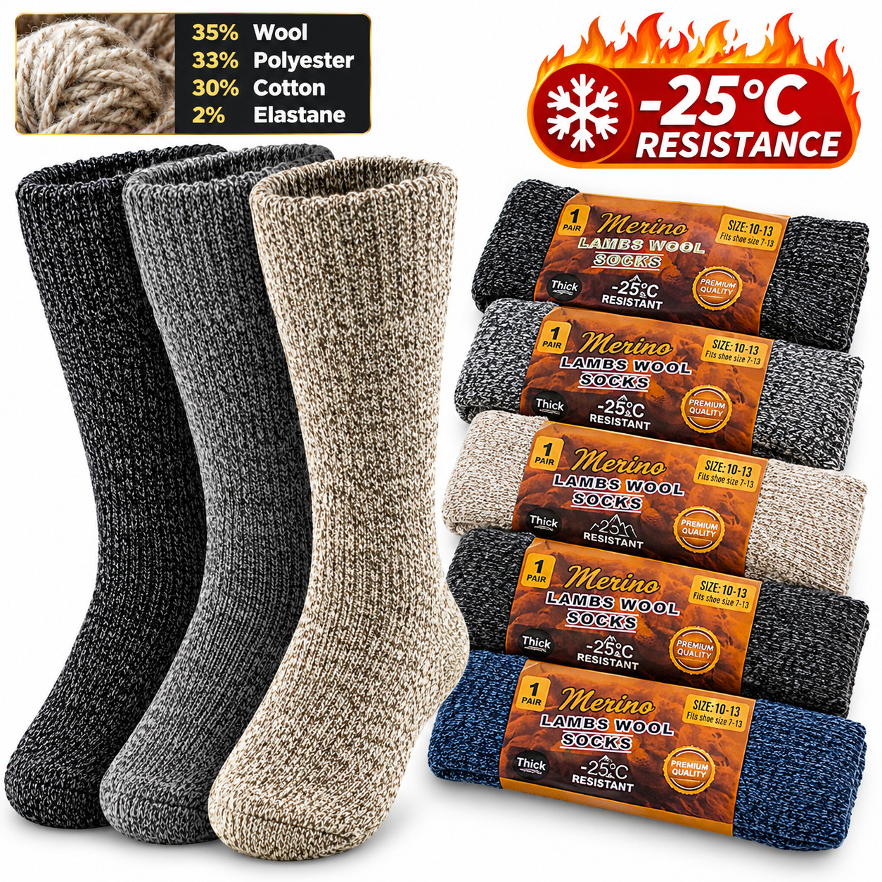 3 Pairs Mens Winter Heavy Duty Warm Thermal Merino Lambs Wool Boots Socks 10-13