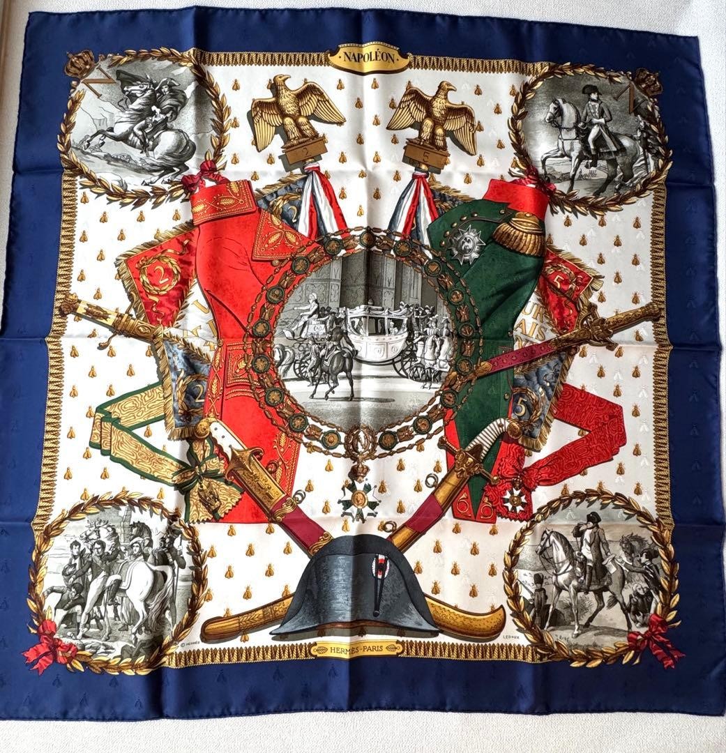 Hermes Carre 90 NAPOLEON Silk Scarf Blue White Orange excellent