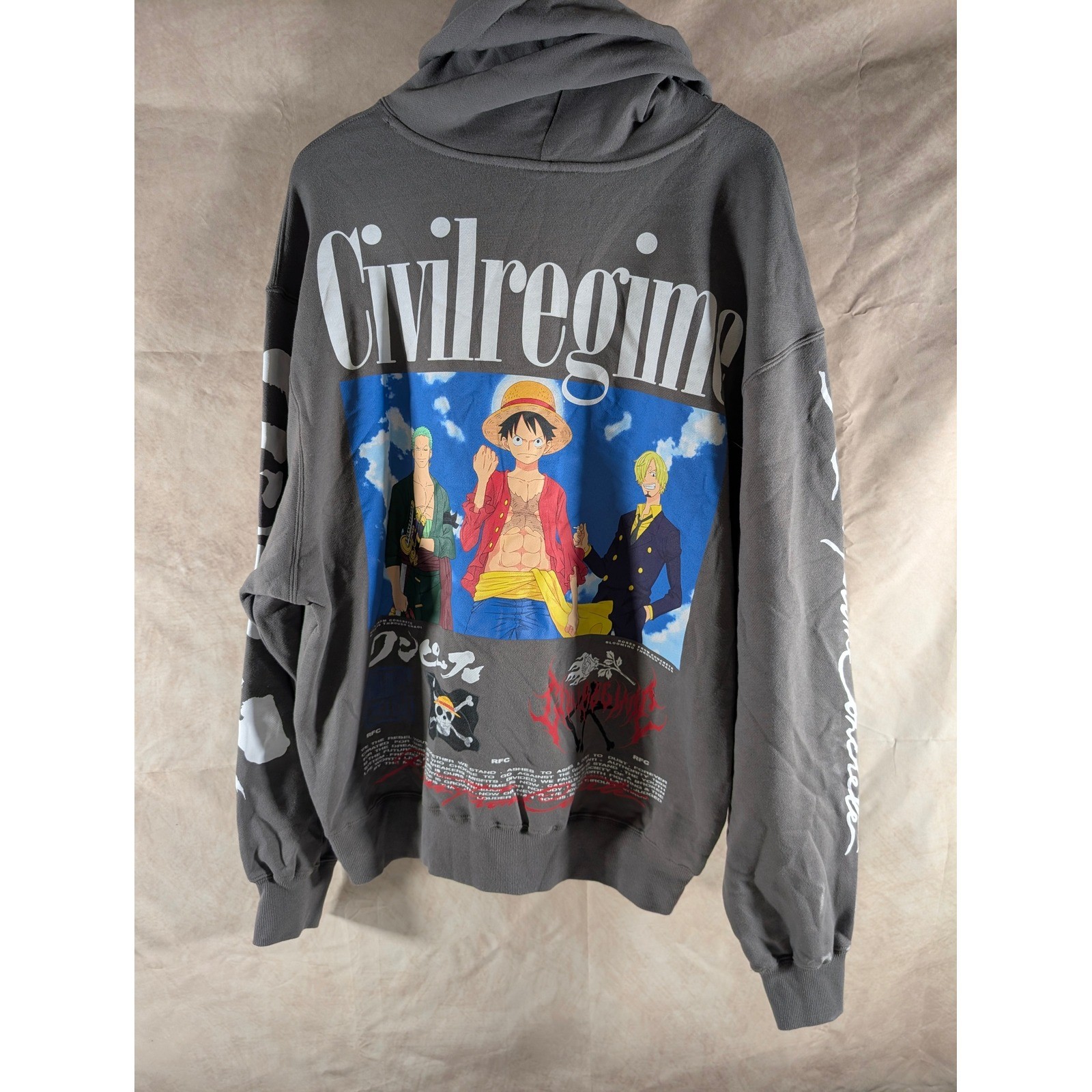 RARE One Piece AOP Dark Gray Civil Regime Pullover Hoodie - Size 2XL