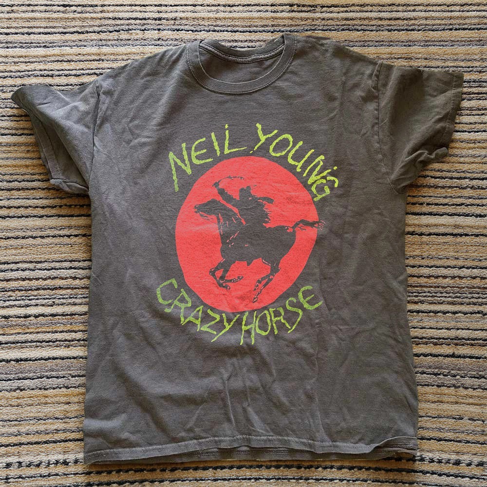 Neil Young Vintage Folk Rock Guitarist Portrait Charcoal Graphic T-Shirt