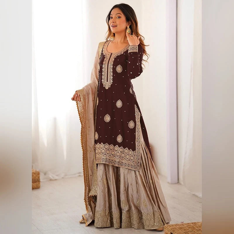 Maroon Chinon Silk Sequins Work Occasional Wear Sharara Suit