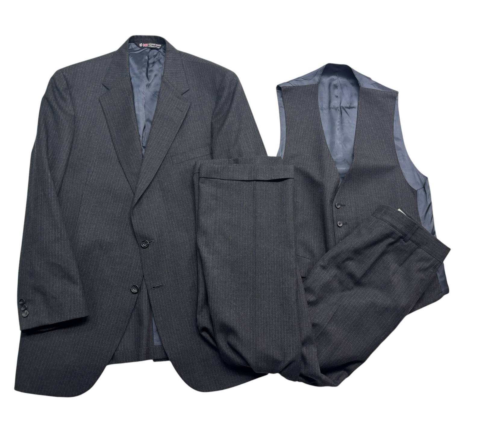vtg Austin Reed 40R 34x30 Charcoal Pinstripe 3pc Pant Suit Wool USA Regentaire
