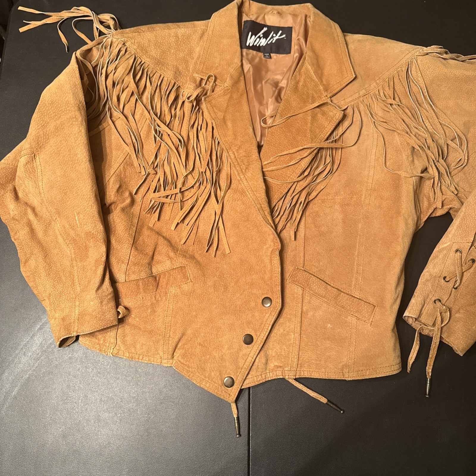 VINTAGE Winlit Leather Jacket Women Small Brown Suede Fringe Genuine Western 90s