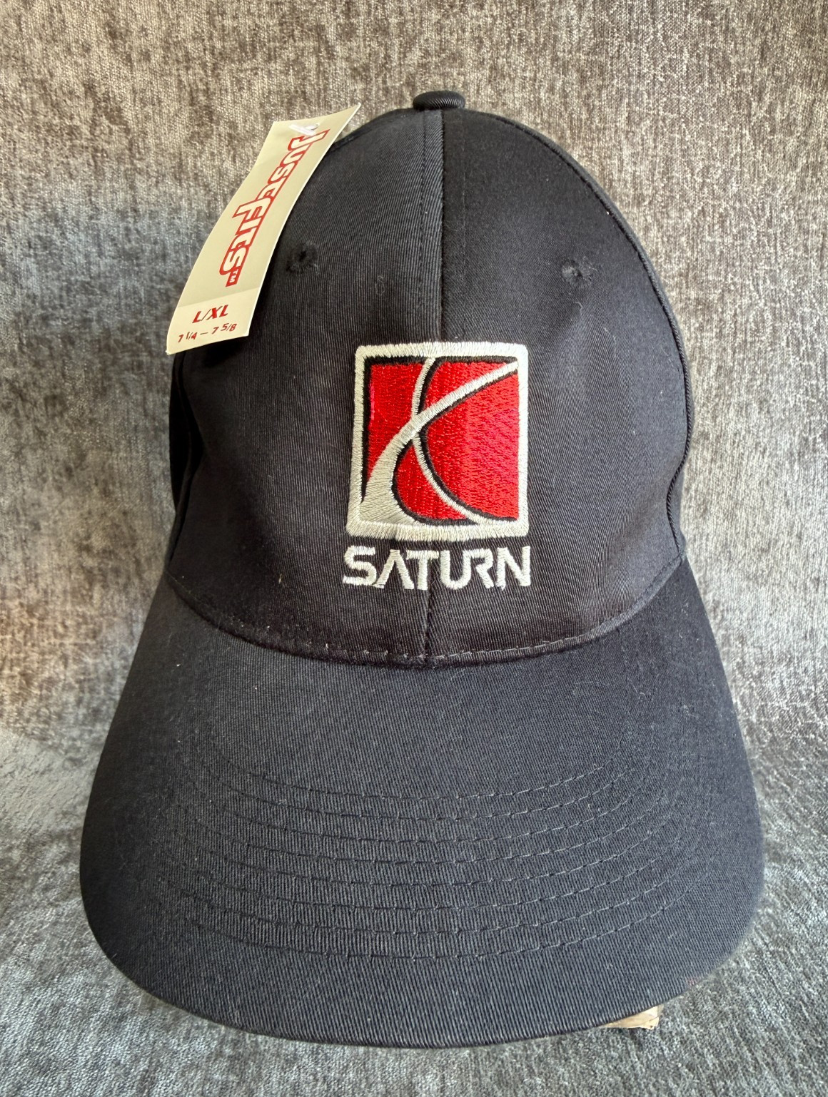 Vintage Saturn Motors Car Logo Fitted Hat Cap JustFits Black NWT L/XL