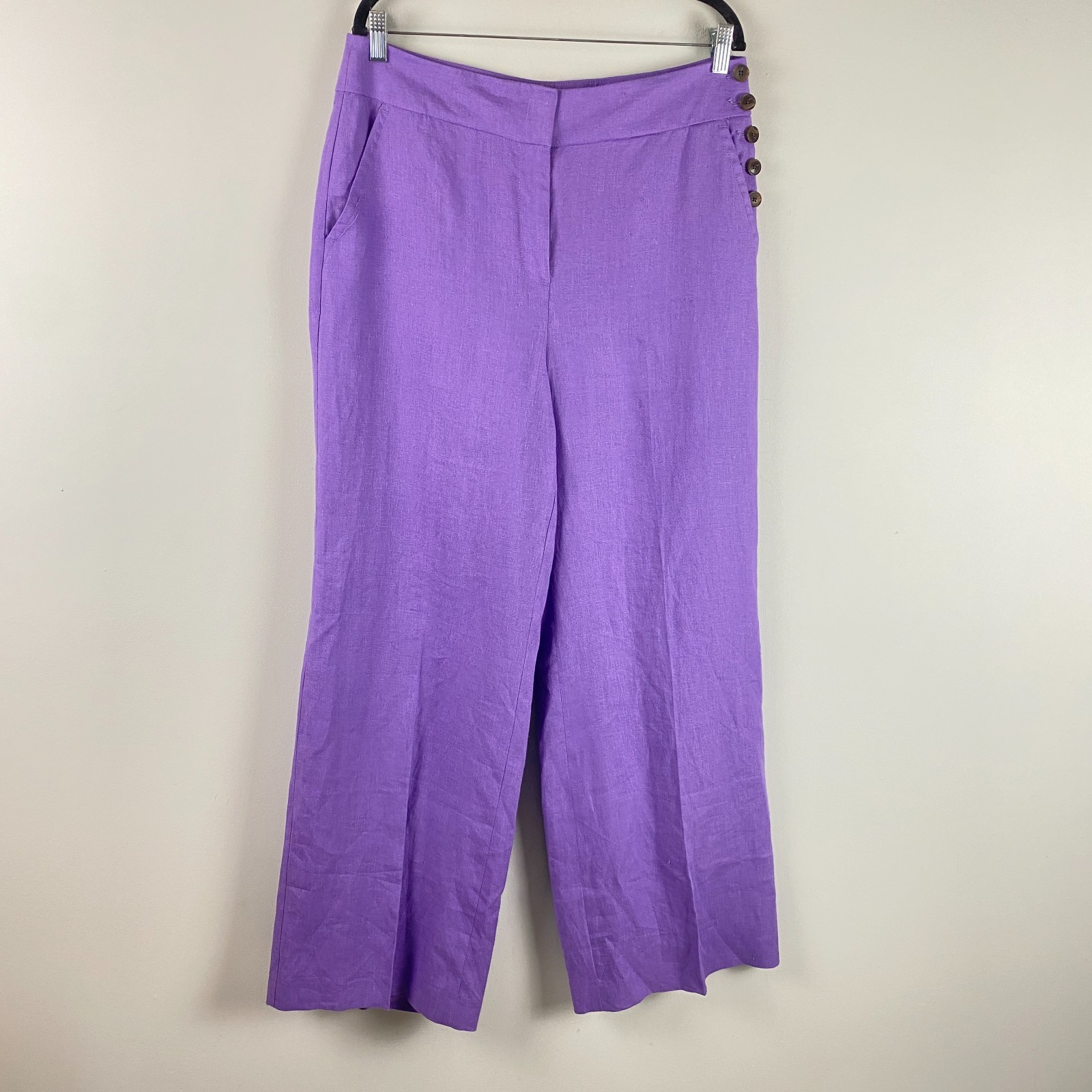 Talbots Greenwich Pant Size 12 Purple 100% Linen Wide Leg Trousers Button Detail