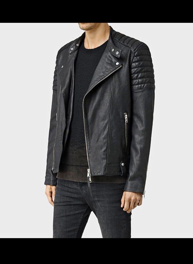 ALLSAINTS Jasper Black Leather Biker Jacket Quilted Shoulder - M