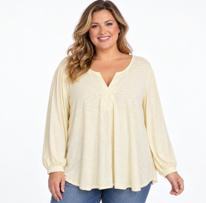 Democtracy Women’s 2X Cream Embroidered Blouse Slit V-Neck Long Sleeve NWT