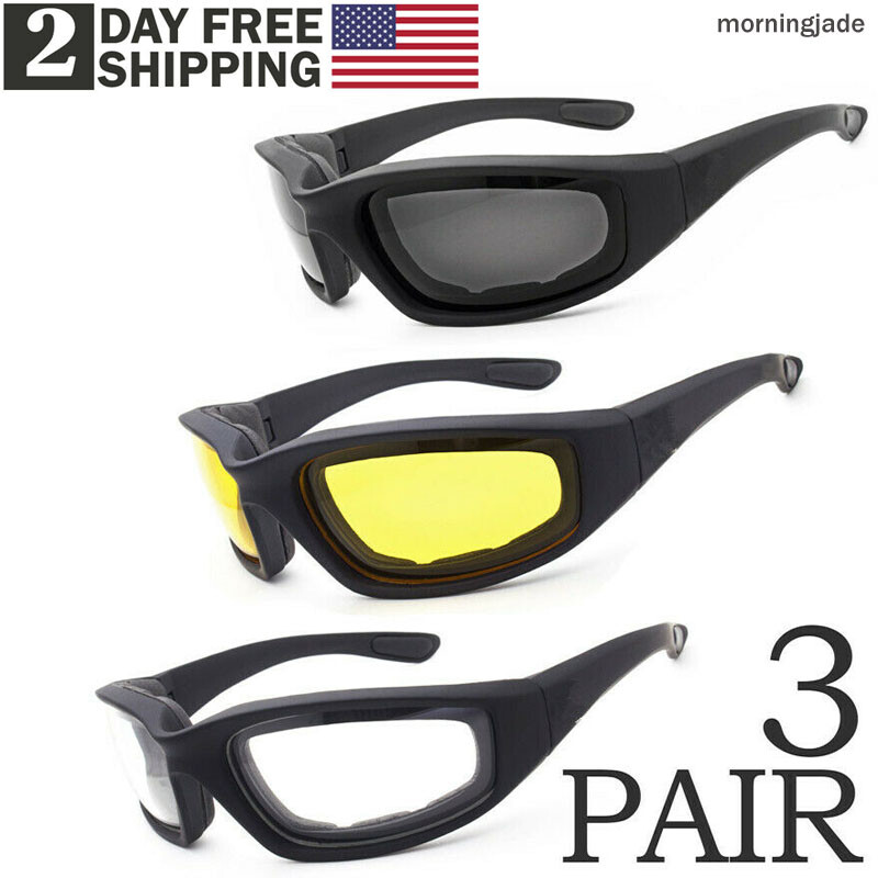 3 Pair Chopper Riding Motorcycle Glasses Clear Smoke Yellow, Padded, Comfortable