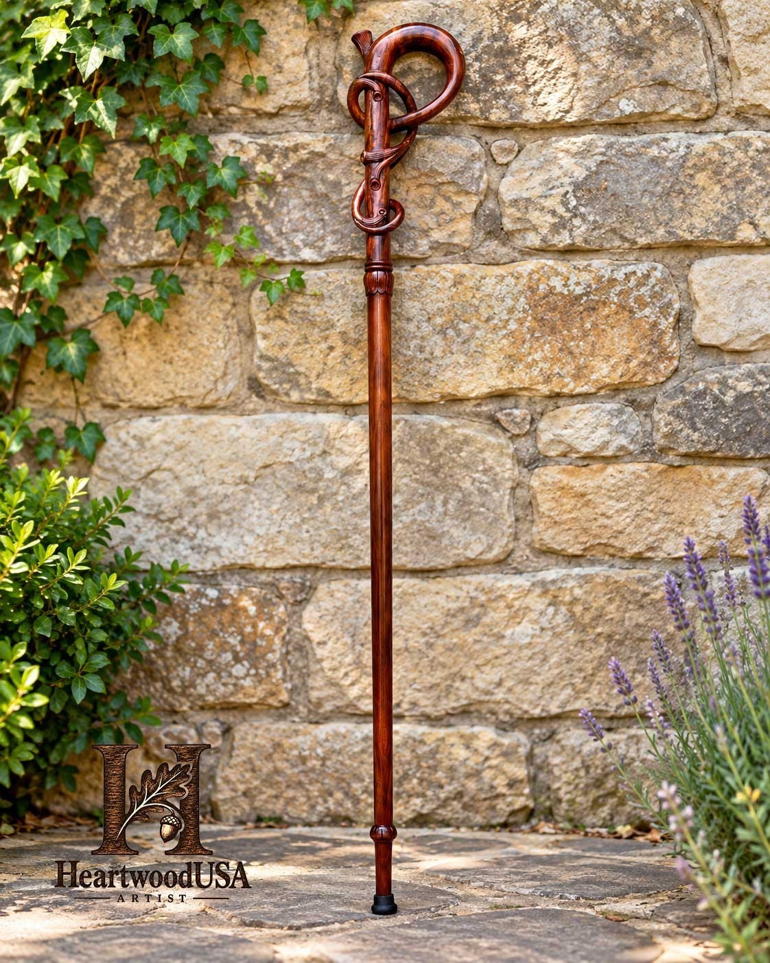 70 INCH WOODEN WALKING STAFF – SPIRAL VINE CARVED WIZARD STAFF