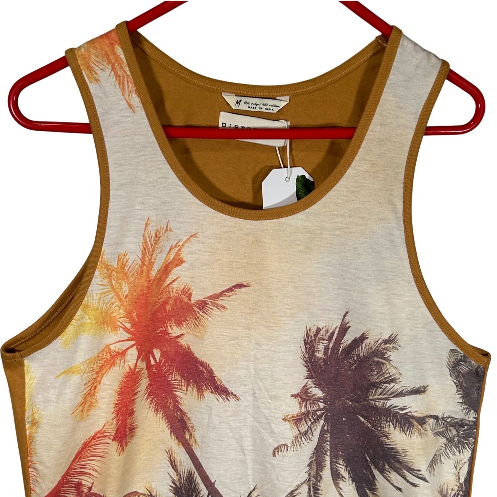 Distortion Mens Palm Tree Graphic Tank Top Mustard Yellow Tropical Size M NEW