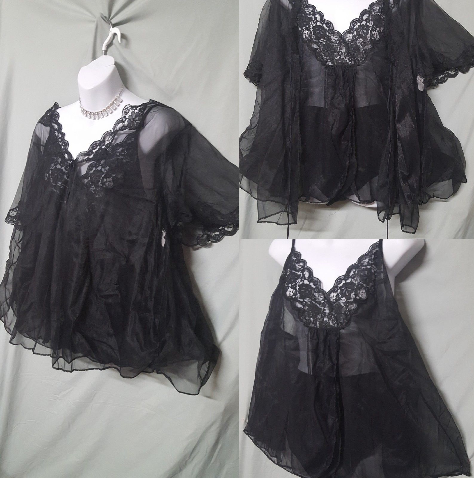 VTG Style Chiffon Black Babydoll Nightgown Ventura 3 Piece 1x  2x  3x  4x 5x