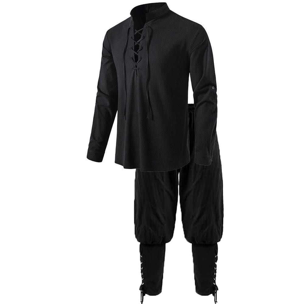Men\'s Medieval Renaissance Pirate Shirt & Ankle Banded Pants 2-Piece Costume Set