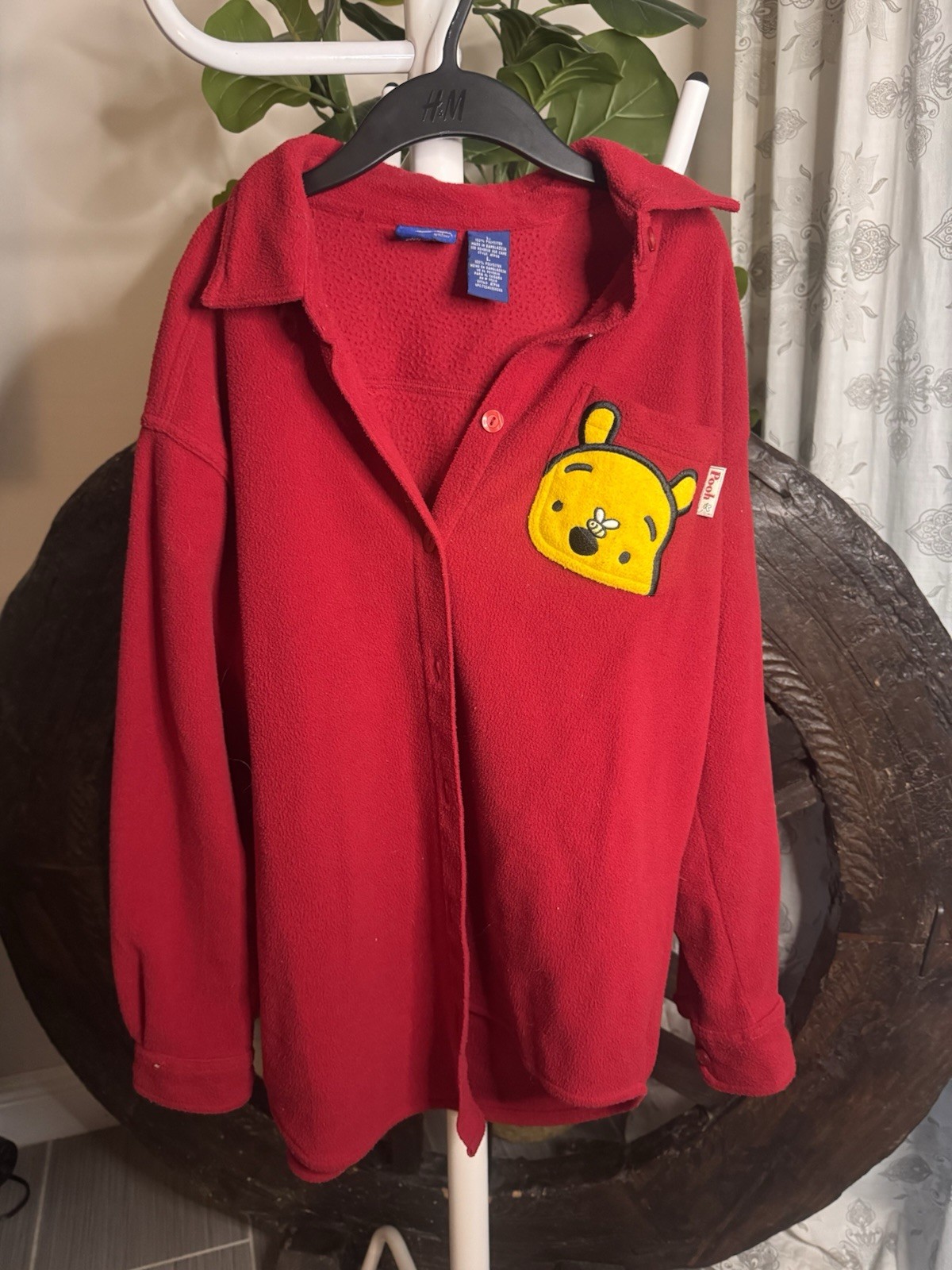 VTG Disney Winnie The Pooh Fleece Button Up Shirt Red Shacket Women’s L