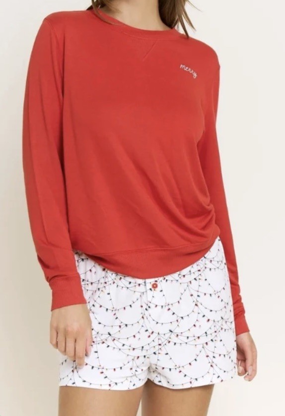 NEW$64 Honeydew Sugar Sweetheart Long Sleeve Shortie PJ Set Red Holiday Lights M