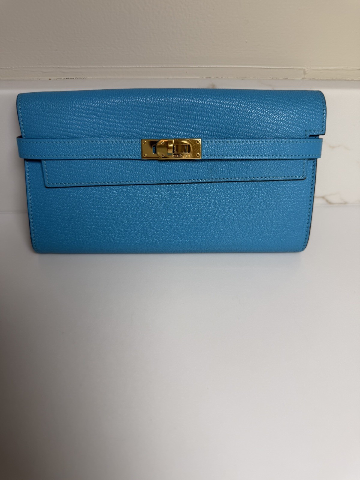 Auth HERMES Kelly  Long Wallet blue Azteque with Gold Hardware